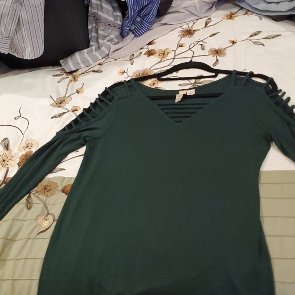 Misia Deep Green Cold-Shoulder Long Sleeve Top